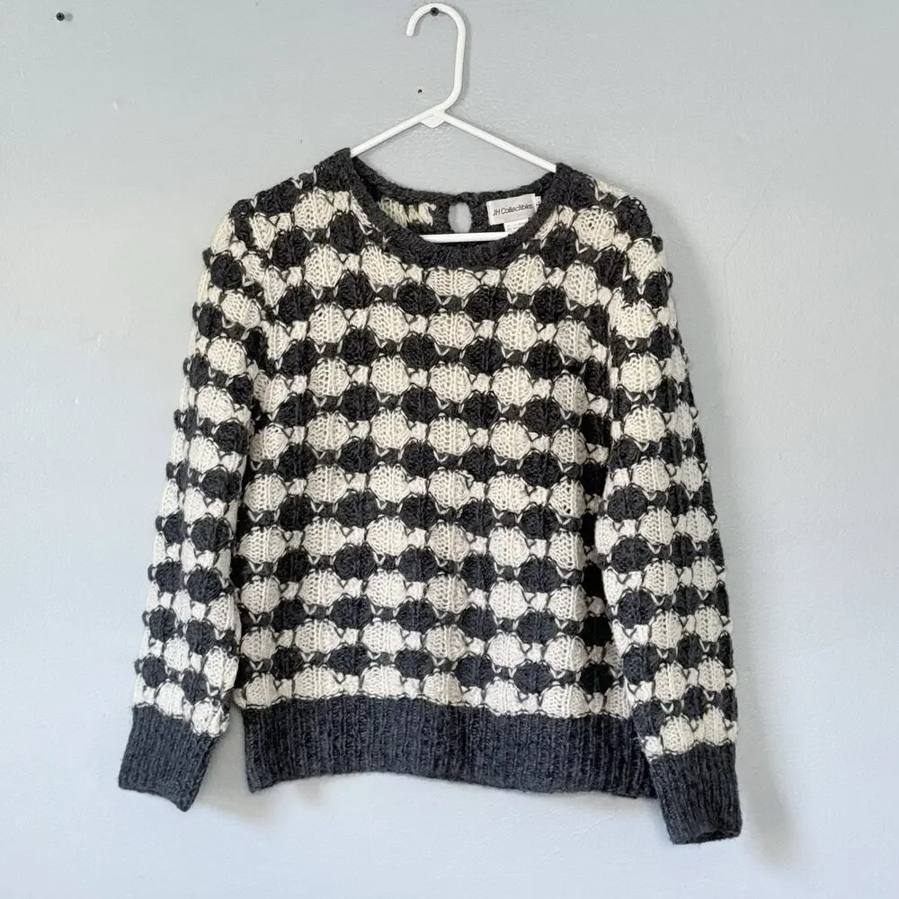 JH Collectibles VINTAGE Sweater Large Gray Cream Mohair Blend Chunky Puff Sleeve